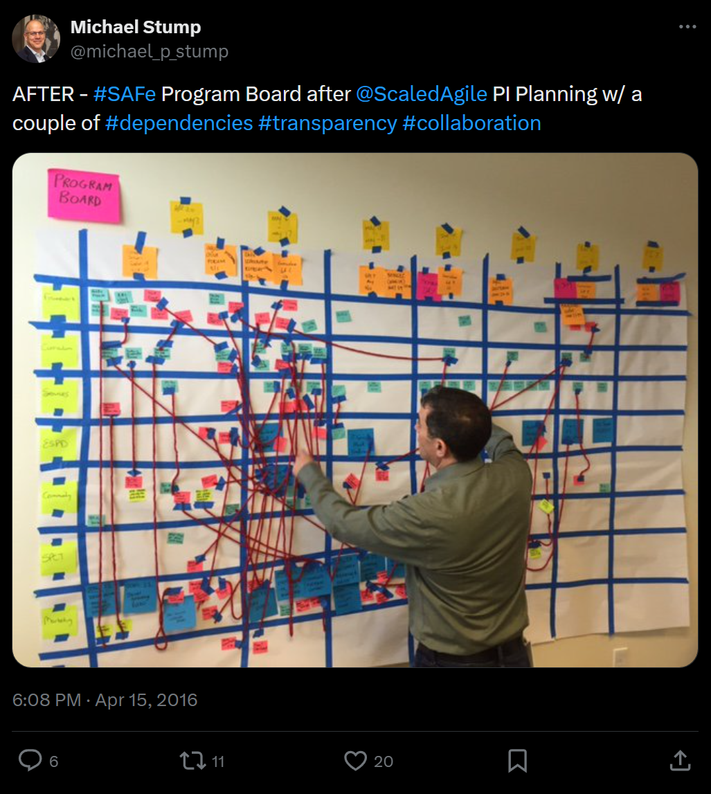 SAFe Program Board after PI Planning with 'a couple of dependencies' — Michael Stump on X